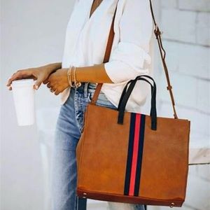 Brown/Tan Large Tote with navy and red stripe